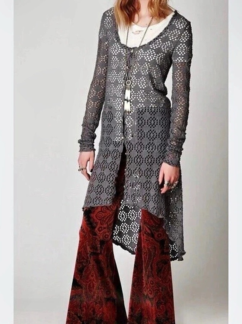 Free People Beach Crochet Maxi Duster Cardigan Gray